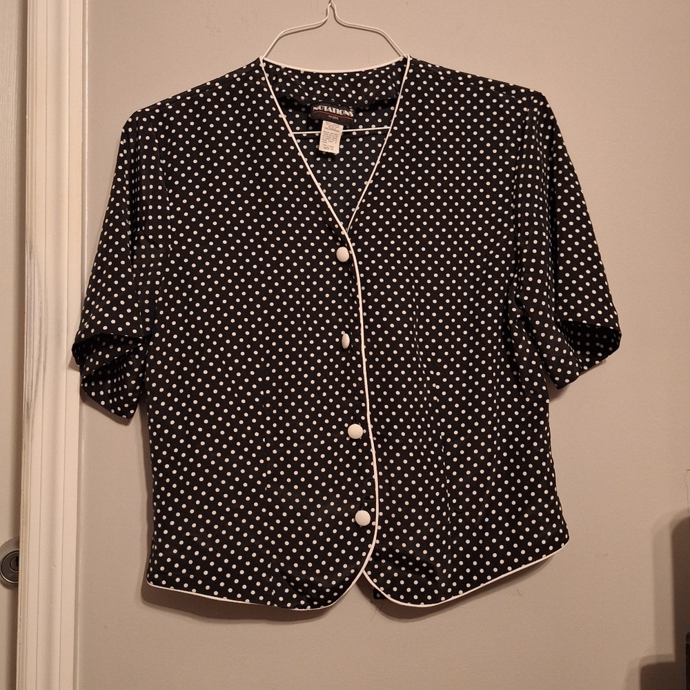 Notations Cute Petite Polka Dot Button Blouse W/ Tie Back